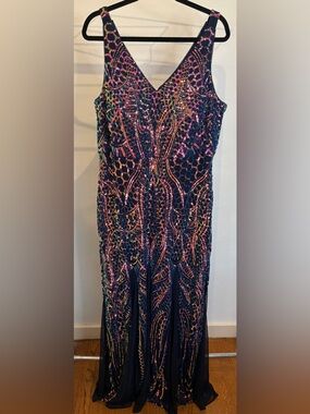 Night Way Fit and Flare Navy Beaded Multicolor V-Neck Evening Gown